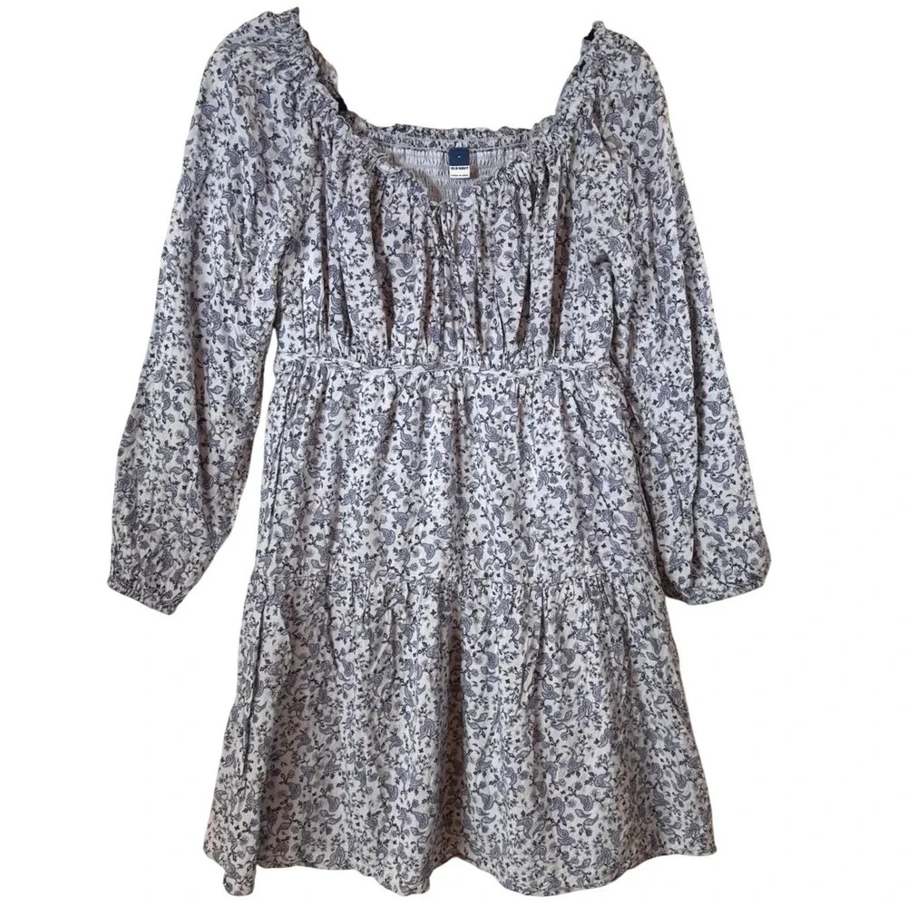 Old Navy Paisley Mini Dress Womens Medium‎ Blue Smocked Tiered Boho Cottagecore